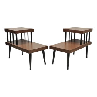 Vintage Mid Century Modern Two Tier Step Walnut Laminate Spindle End Table, Pair For Sale