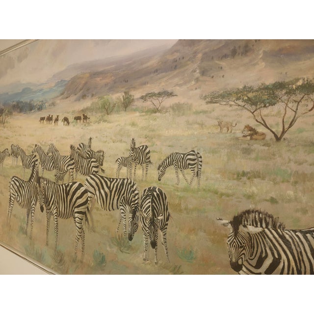 Late 20th Century Huge (9 Feet by 3 Feet) African Savannah Painting Featuring Zebra, Cheetah Lion. Wildebeest For Sale - Image 4 of 5