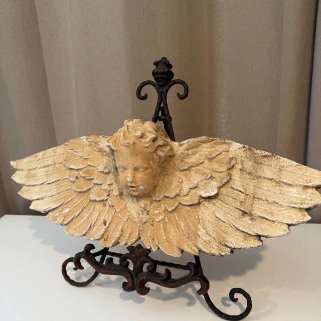 Shabby Chic Vintage Cherub Angel Wings Wall Decor Plaque Distressed Architectural Sculpture For Sale - Image 3 of 8