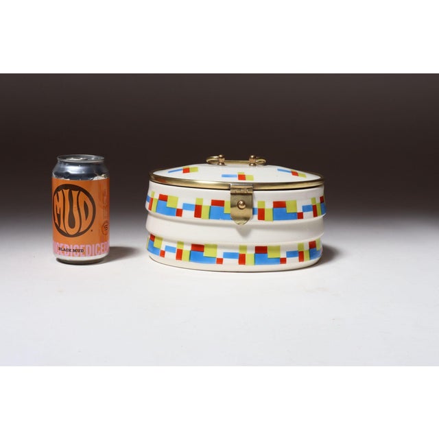 German Art Deco Ceramic and Brass Biscuit Tin With Geometric Motif For Sale - Image 10 of 18