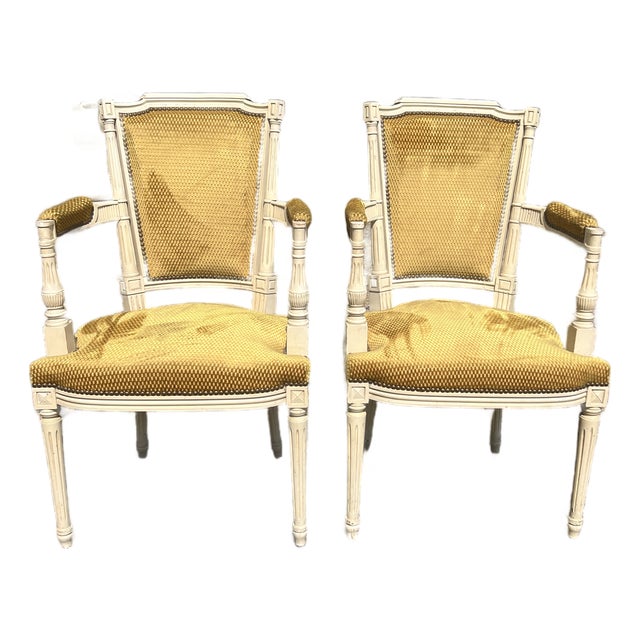 French 19th Century Louis XVI Painted Walnut Arm Chairs - Set of 2 For Sale