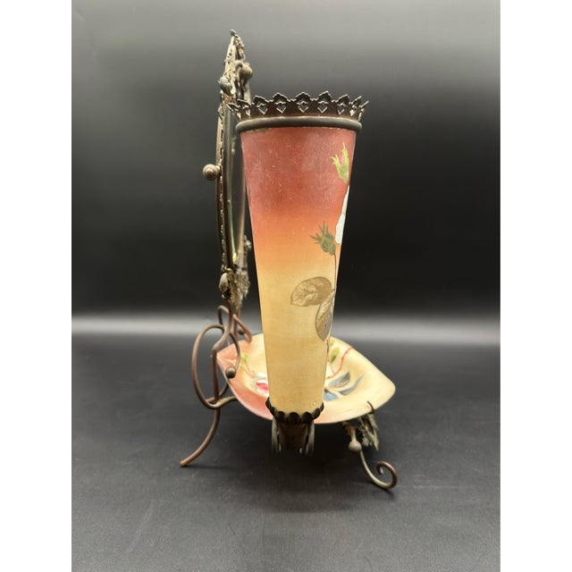 Beautiful antique bronze ormolu stand with beveled mirror and brown and cream opal one glass vases, matching trinket bowl,...