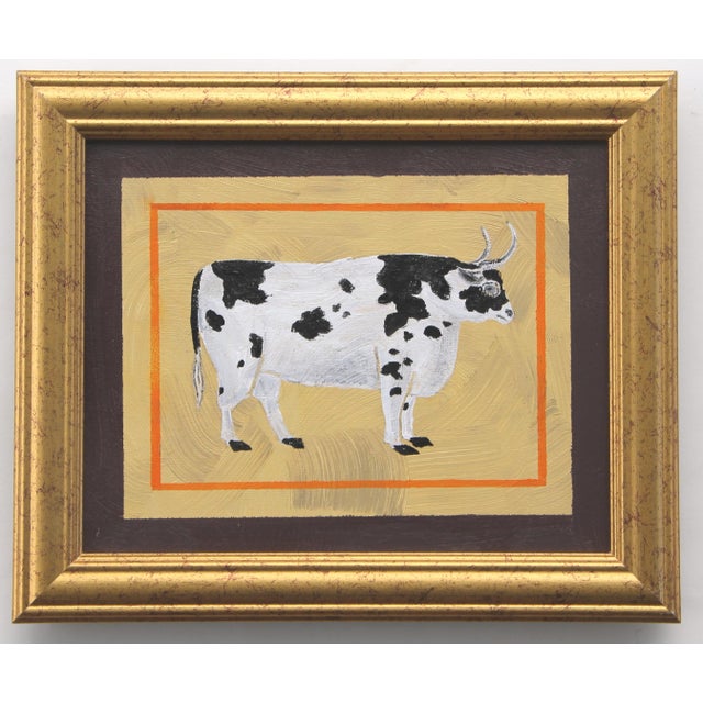 American Bull Cow Steer Americana Folk Art Minimalism Goldenrod Brown Burnt Orange Original Oil Painting by Cleo Plowden For Sale - Image 3 of 3