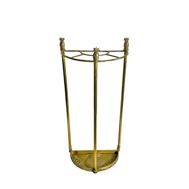 Vintage Cast Brass Demi Lune Umbrella Stick Stand With Pineapple Finials For Sale - Image 16 of 17