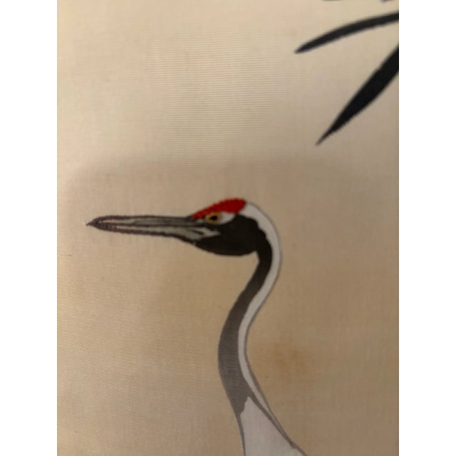 Silk fukusa ( gift cloth) featuring cranes and bamboo motifs with subtle full rising moon. Cranes and bamboo are sumi e...