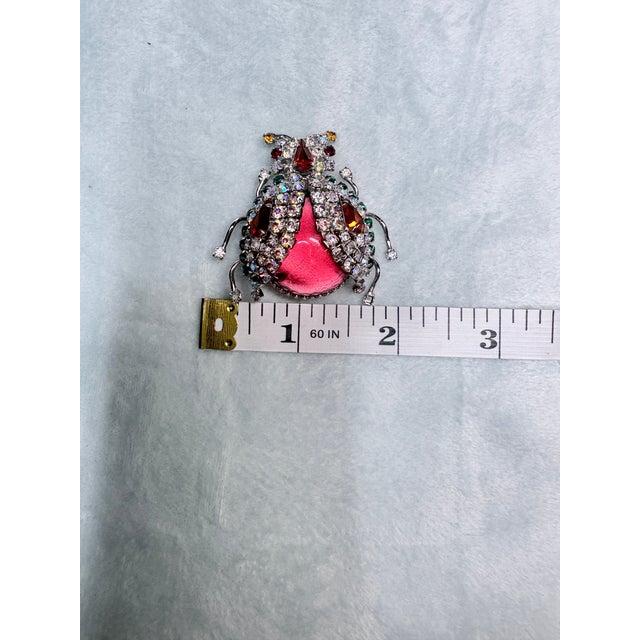 1960s Vendôme Rhinestone Ladybug Beetle Brooch Red Lucite Figural Insect Pin Signed For Sale - Image 5 of 6