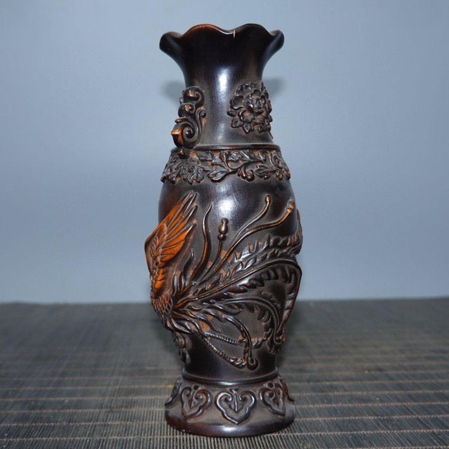 Vintage Chinese Boxwood Carved Vase With Phoenix Motif For Sale In Los Angeles - Image 6 of 9