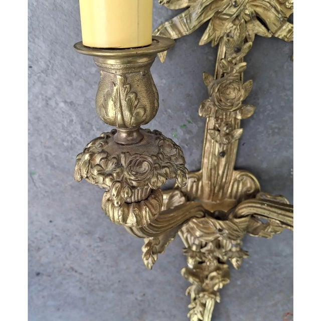 C1900 Antique French Louis XVI Gold Bronze Ribbon, Tassel, Fruit Detailed Wall Sconces Set of 4 For Sale - Image 15 of 18