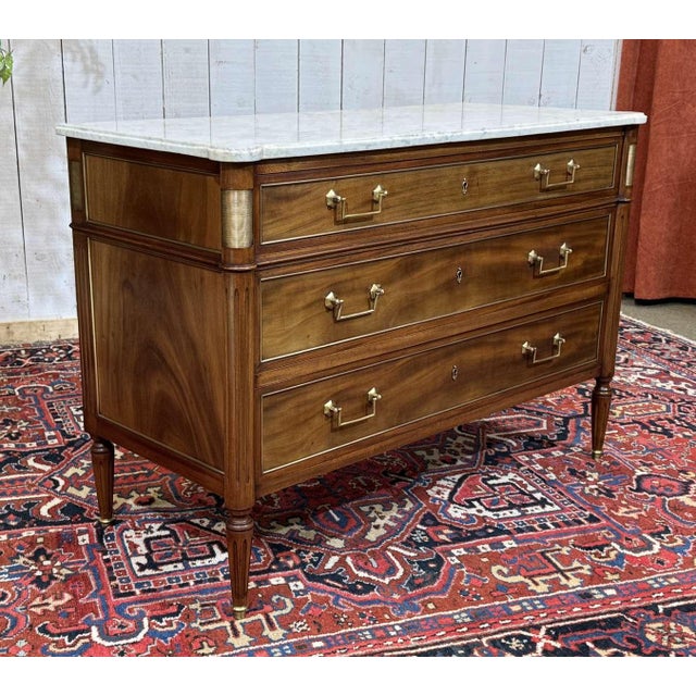 Louis XVI Mahogany Chest of Drawers with Marble Top, 1950s For Sale - Image 12 of 18