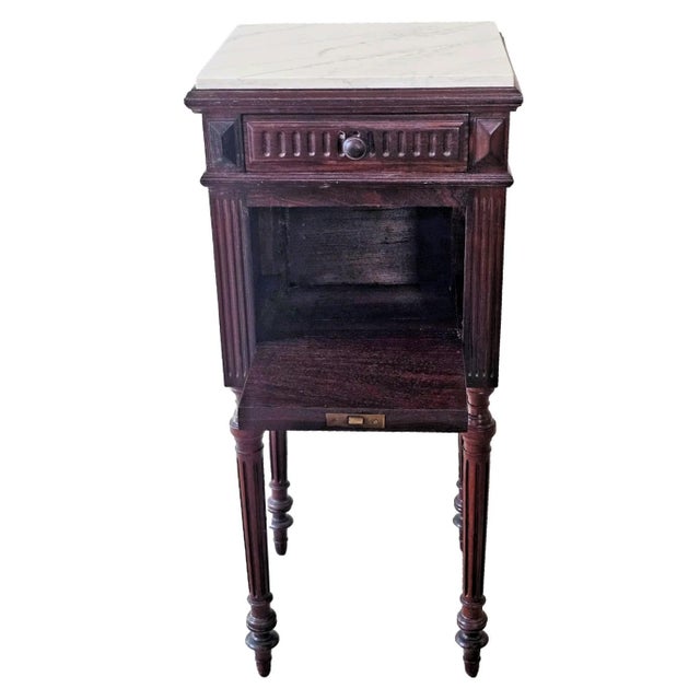 Antique French 1920s Marble Top Nightstand Mahogany Bedside Cabinet For Sale - Image 9 of 18