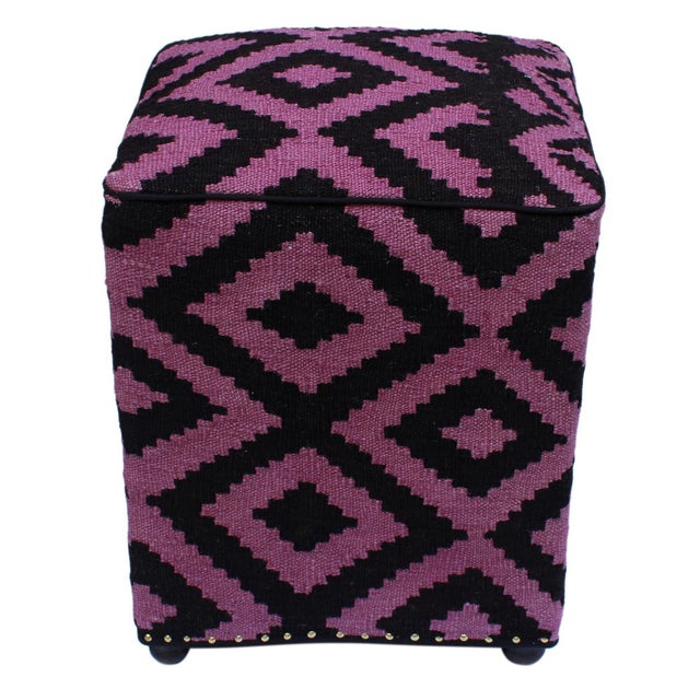 Wood 1990s Boho Chic Handmade Kilim Upholstered Ottoman For Sale - Image 7 of 9