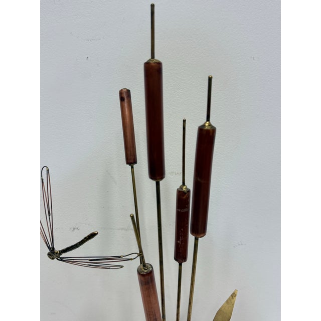 Vintage Brass Cattails and Dragonfly Sculpture With Driftwood Base 1960s For Sale - Image 10 of 11