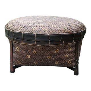 Asian Rattan Wicker Lidded Handpainted Basket on Feet For Sale