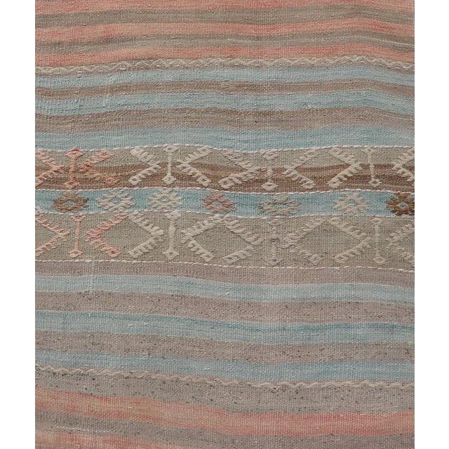 Mid 20th Century Mid 20th Century Geometric Stripe Vintage Turkish Kilim Flat-Weave Runner in Tan and Coral Color For Sale - Image 5 of 12