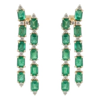 3.94ct Emerald Diamond Long Double Dangle Drop Earrings in 14k Yellow Gold- A Pair For Sale