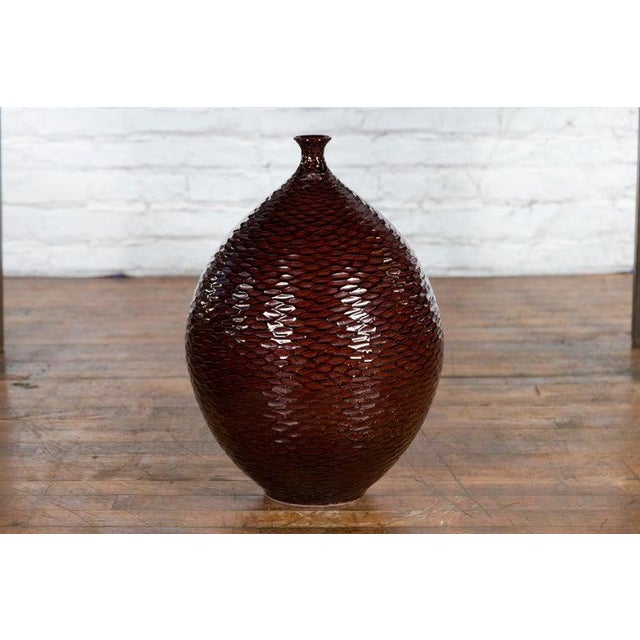 Prem Collection Handcrafted Burgundy Vase with Textured Honeycomb Style Motifs For Sale - Image 4 of 12