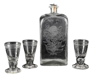 19th Century Swedish Decanter and 3 Shot Glasses, Set of 4