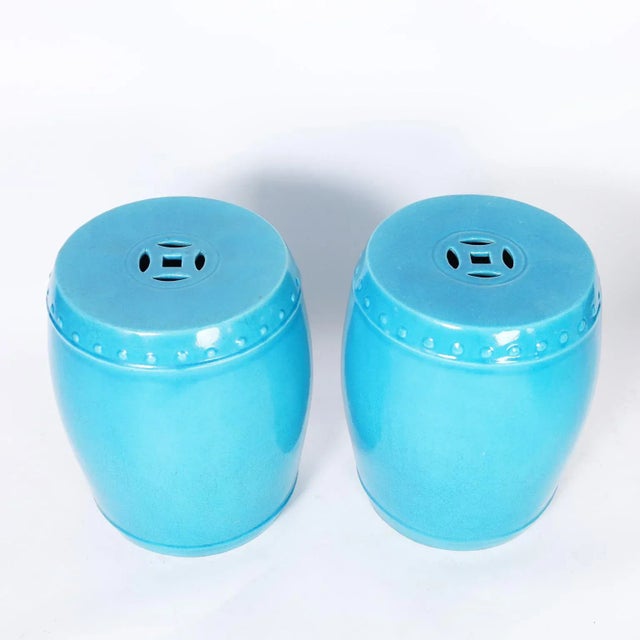 Terra Cotta Garden Seats With a Blue Glaze - Set of 4 For Sale - Image 4 of 11