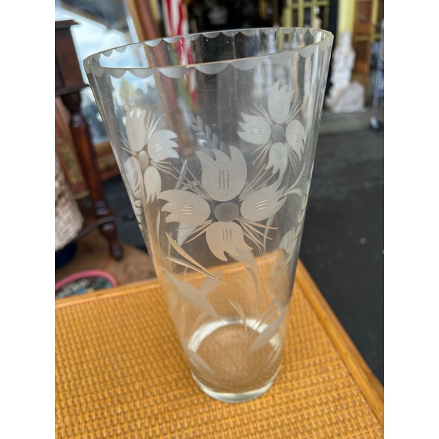 American Vintage Depression Glass With Etched Flowers Vase For Sale - Image 3 of 5