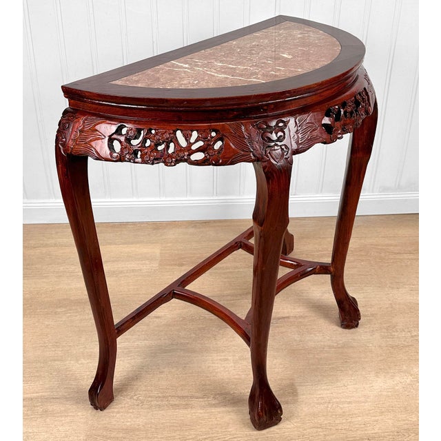 Chinoiserie Vintage Chinese Marble Hardwood Carved Demilune Half Moon Console Table For Sale - Image 3 of 12
