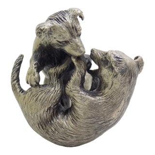 Vintage Italian Handmade Genuine Silver Playful Puppy Dogs Large & Rare Figurine, Made in Tuscany For Sale