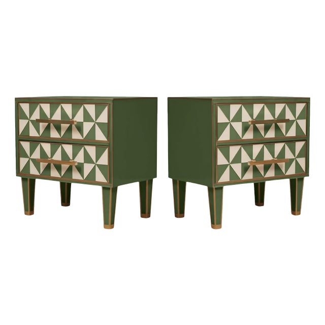 Wooden Bedside Tables with Green Optical Murano Glass from Justfurnituress SRL, Set of 2 For Sale