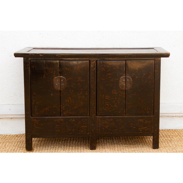 Chinoiserie Antique Black Lacquer Chinoiserie Buffet Cabinet For Sale - Image 3 of 13