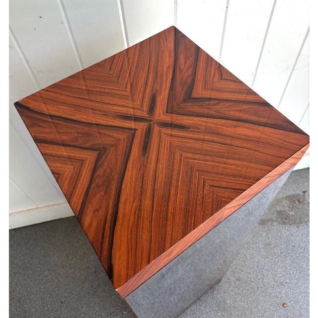 1970s-80s glam postmod mirrored column/pedestal w/ woodgrain top. Some mild rust/patina spots near base as shown....