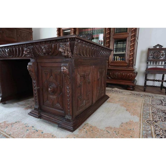 Neo-Renaissance Oak Double-Sided Writing Desk For Sale - Image 4 of 8