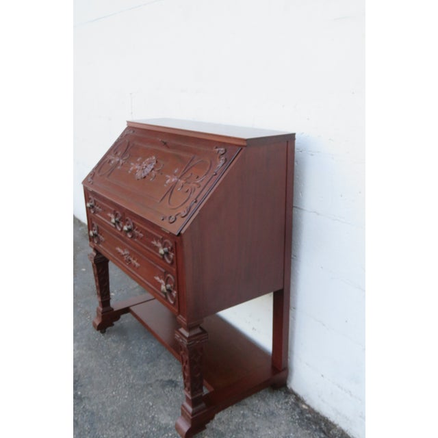 Traditional Early 1900s Carved Solid Mahogany Secretary Desk 6201 For Sale - Image 3 of 18