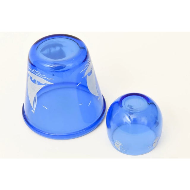 Vintage Light Royal Blue Glass Ice Bucket With Sailboat and Six Round Small Cordial Glasses For Sale - Image 11 of 11