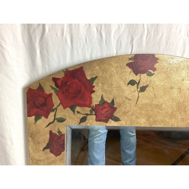 Wood 1960s Wonderful Decorative Beveled Glass Mirror in Gold Frame With Red Roses For Sale - Image 7 of 7
