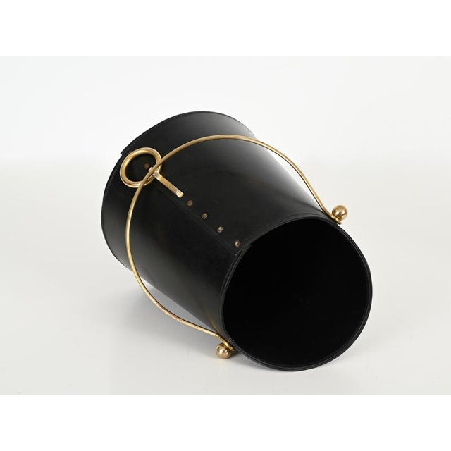 Italian Black Leather and Brass Decorative Coal Bucket or Waste Bin, 1950s For Sale - Image 11 of 15