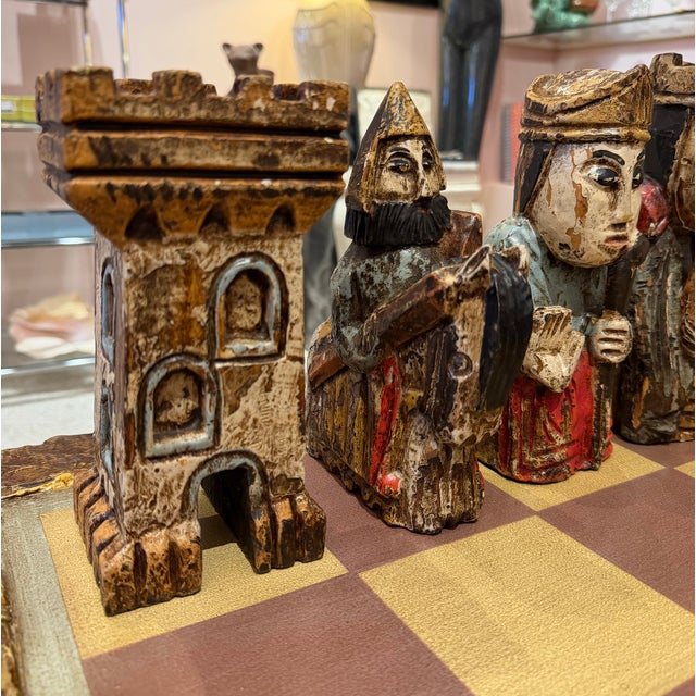Wood Vintage Mid-Century Carved Chess Board Coffee Table With Chess Pieces For Sale - Image 7 of 16