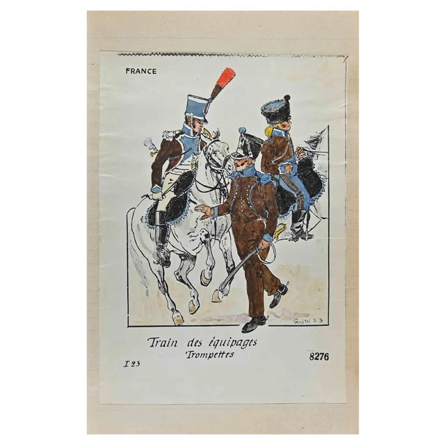 Herbert Knotel, Train Des Equipages Trompettes (French Army), Ink & Watercolor Drawing, 1940s For Sale