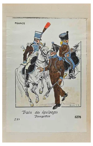 Herbert Knotel, Train Des Equipages Trompettes (French Army), Ink & Watercolor Drawing, 1940s