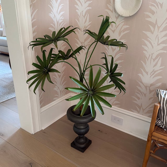 Fabulous Hollywood regency tole metal palm tree in urn planter. Substantial weight and great shade of green. The stem is...