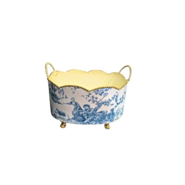 Metal Vintage Handmade Blue White Toile Metal Cache Floral Planter Vessel For Sale - Image 7 of 9