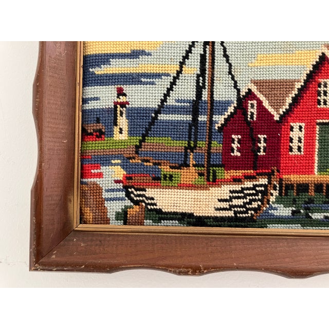 Vintage Nautical Needlepoint Harbor Scene-- Mid-Century Framed Needlework For Sale - Image 4 of 6