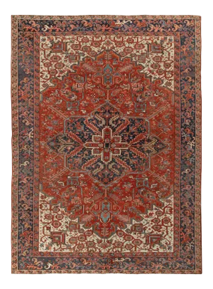 Hand-Knotted Antique Persian Heriz Rug, Rust-Red, White, Blue Medallion Pattern