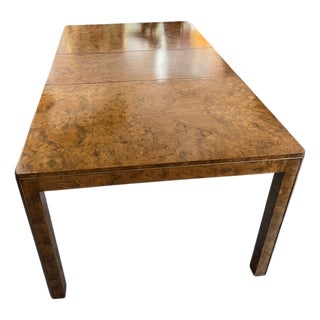 1980s Mastercraft Burl Wood & Inset Brass Parsons Dining Table With 2 Leaves For Sale