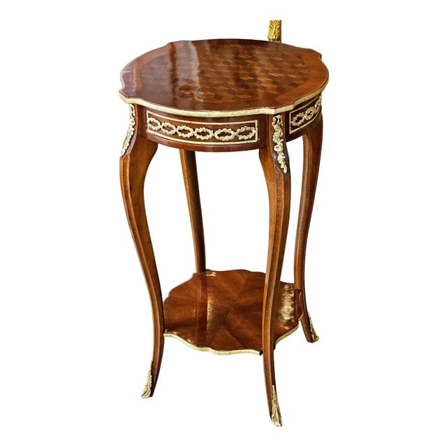 French-Inspired Side Table – Rich Wood Finish With Gilded Gold Leaf Details For Sale