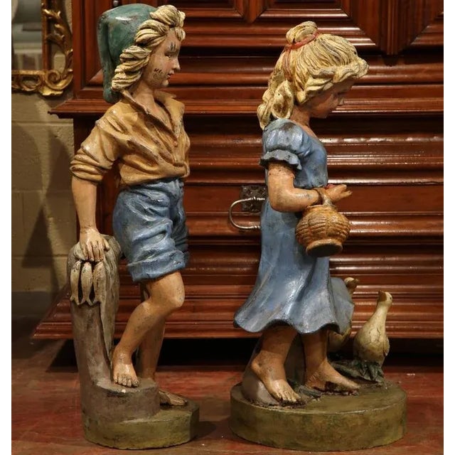 1970s Pair of Mid-Century French Painted Iron Garden Statues of Children Sculptures For Sale - Image 5 of 7
