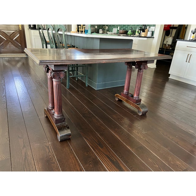 Neoclassical Double Pedestal Console Table With Fluted Columns – Ralph Lauren Style Mahogany Tr For Sale - Image 4 of 6