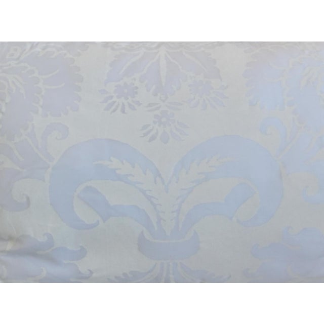 Custom-tailored pillow in Italian Mariano Fortuny cotton fabric called "Glicine" in a pale lavender, purple, and white...