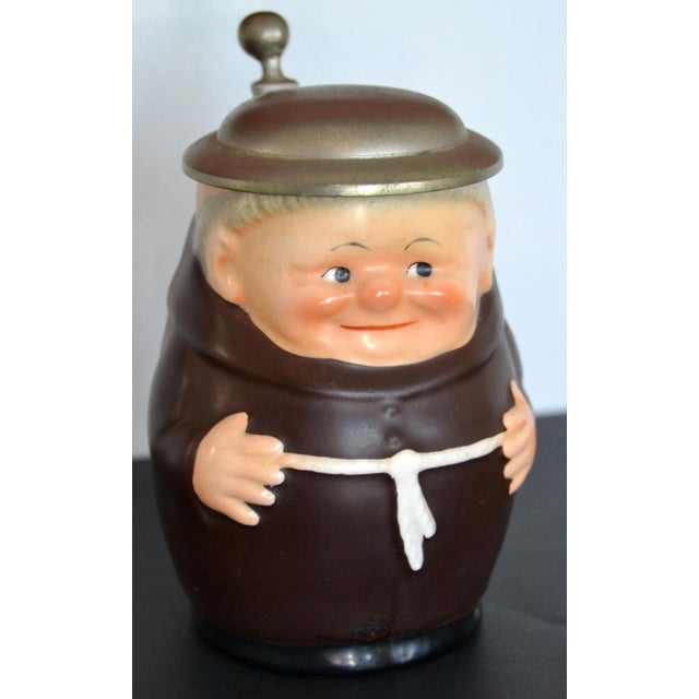 Figurative 1950s Vintage Goebel Friar Tuck Beer Stein Porcelain Face Pewter Lid Western Germany For Sale - Image 3 of 12