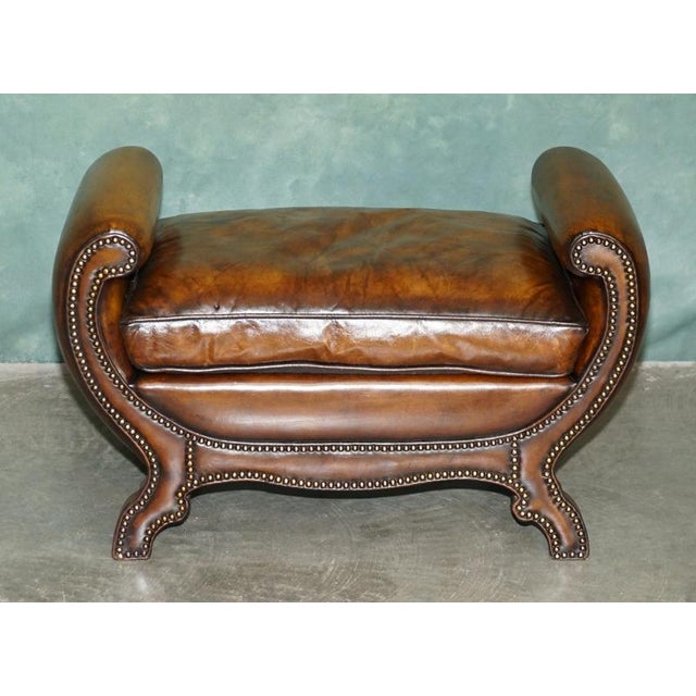 Antique Edwardian Sculptural Leather Scroll End Ottomans, 1910, Set of 2 For Sale - Image 3 of 18