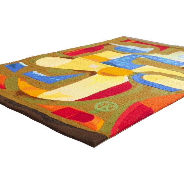 79377 Vintage Swedish Rollakan Rug by Eva Kaskova, 04'03 x 06'07. The Chromatic Solstice: A Vintage Swedish Röllakan...