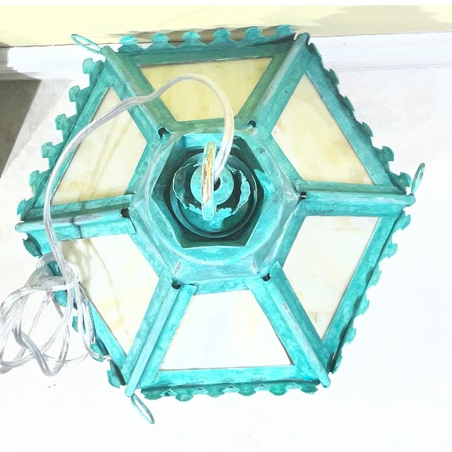 Vintage Verdigris Patina Lantern – Art Glass Hanging Chandelier/ Pendant For Sale - Image 16 of 16