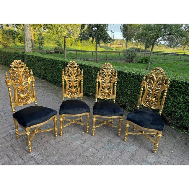 1900 Italian Rococo Gold Beech Black Velvet Dining Chairs - Set of 6 Pc For Sale - Image 11 of 18